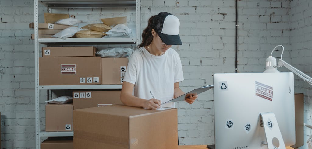 A women labeling a box.