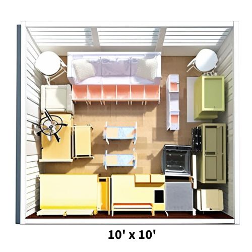 Illustration of a 10'x10' storage unit and what contents it can fit inside.