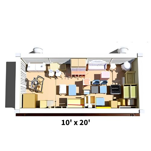 Illustration of a 10'x20' storage unit and what can fit inside of it.