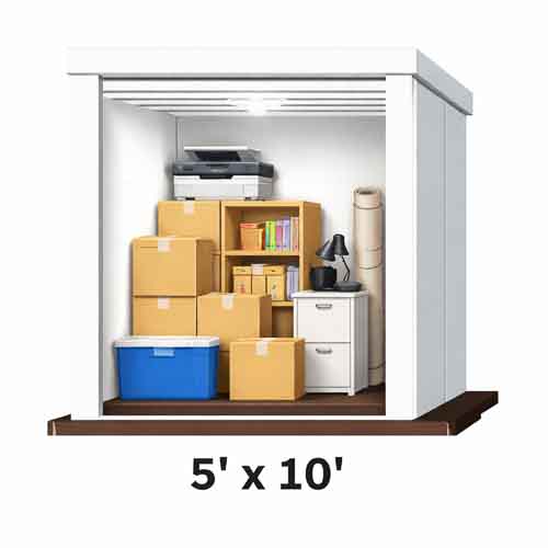 Illustration of a 5'x10' storage unit and what can fit inside of it.