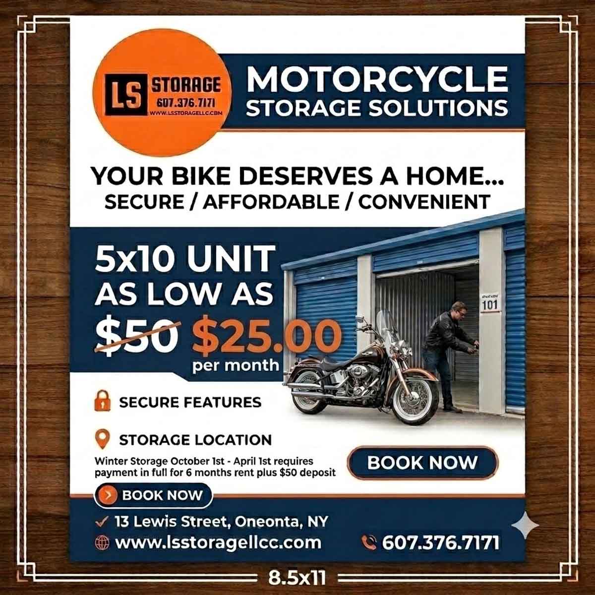 ad for motorcycle storage in 5x10 units in Oneonta, NY storage facility - LS Storage.
